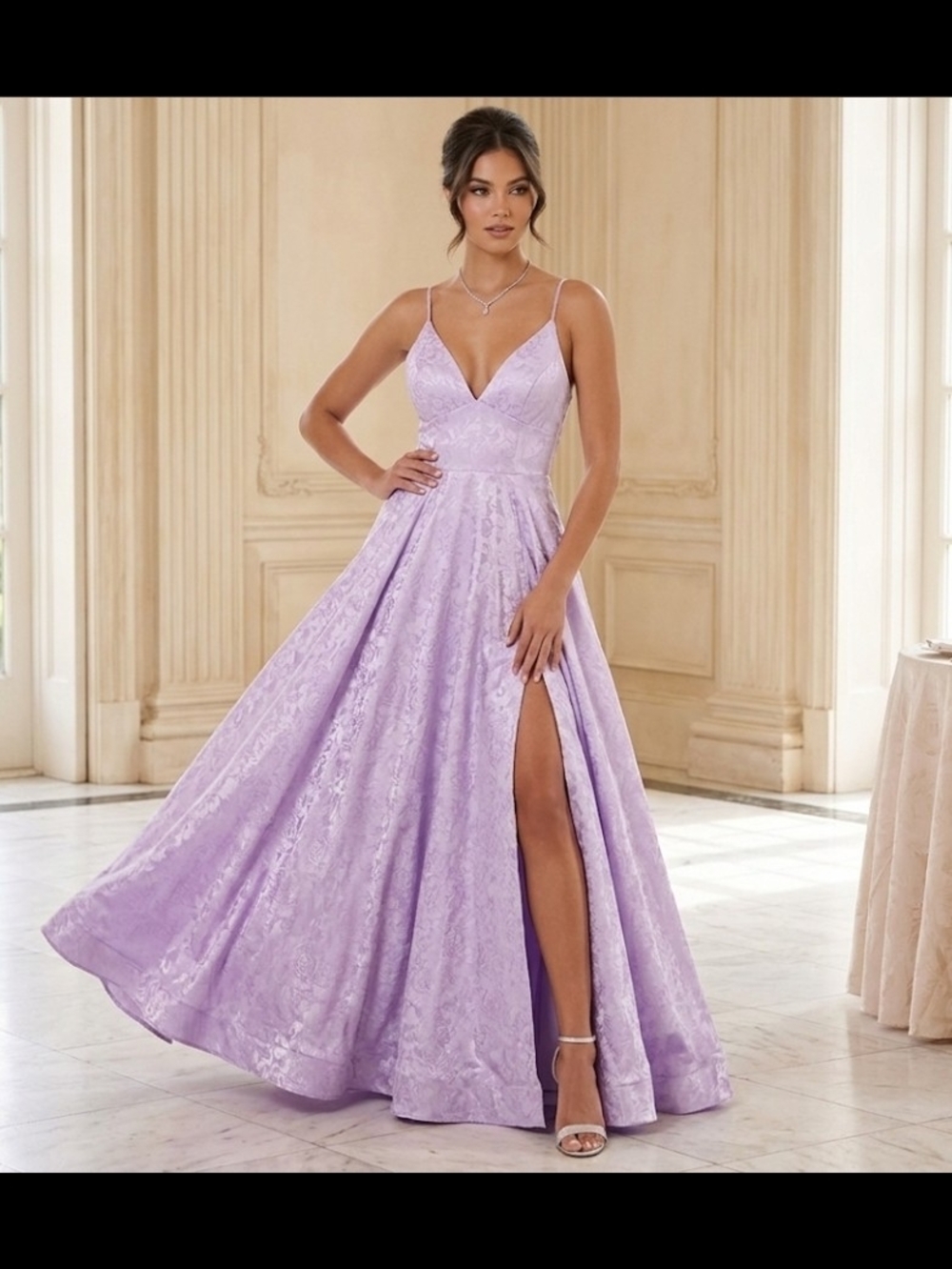B Darlin Lavender Lace A-Line Prom Dress with Thigh Slit